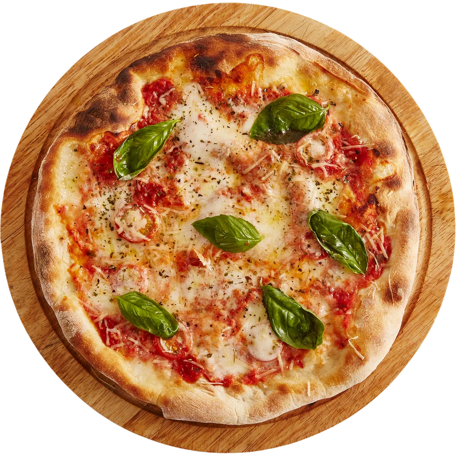 Pizza Margherita auf Holzbrett